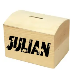 Alternative view of Houten spaarpot met naam Dino lettertype