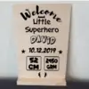 houten geboorte kaart welcome little superhero
