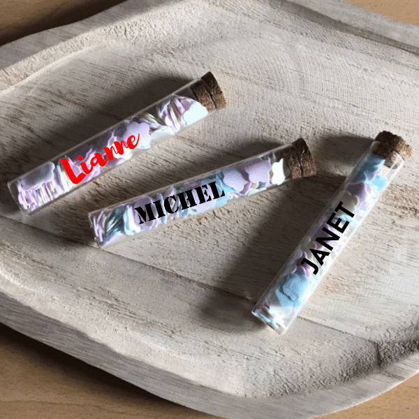 glazen buisje confetti handzeep met naam